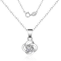 Cubic Zirconia Sterling Silver Necklace, Brass, Flower, silver color plated, oval chain & for woman & with cubic zirconia & hollow Approx 15.75 Inch 
