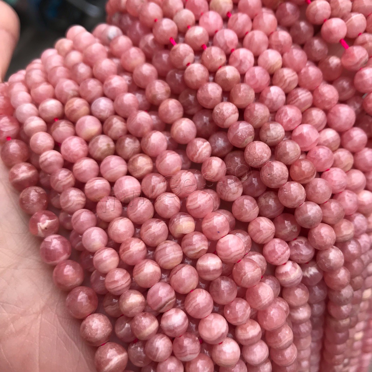 Rhodonit Perlen, rund, poliert, verschiedene Größen vorhanden, Bohrung:ca. 1mm, verkauft von Strang