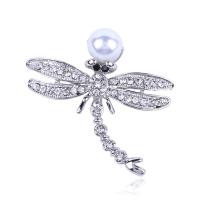 Rhinestone Zinc Alloy Brooch, with Plastic Pearl, Dragonfly, plated, for woman & with rhinestone 