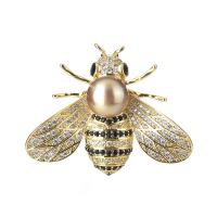 Brass Brooch, with Shell Pearl, Bee, plated, micro pave cubic zirconia & for woman 