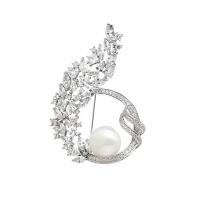 Brass Brooch, with Plastic Pearl, silver color plated, micro pave cubic zirconia & for woman & hollow 