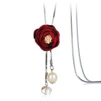 Zinc Alloy Sweater Chain Necklace, with Cloth & Crystal & Glass Pearl, Flower, plated, for woman Approx 37.7 Inch 