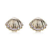 Brass Earring Stud Component, Shell, gold color plated, micro pave cubic zirconia 