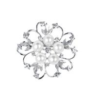 Zinc Alloy Brooch, with Plastic Pearl, Flower, silver color plated, for woman & with rhinestone & hollow 