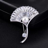Brass Brooch, with Glass Pearl, plated, micro pave cubic zirconia & for woman 