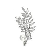 Zinc Alloy Brooch, with Shell Pearl, Leaf, platinum plated, micro pave cubic zirconia & for woman 