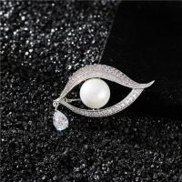 Brass Brooch, with Glass Pearl, platinum plated, Unisex & micro pave cubic zirconia 