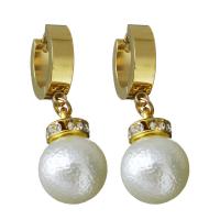 Stainless Steel Huggie Hoop Drop Earring, with Plastic Pearl, gold color plated, for woman & with rhinestone 33mm 