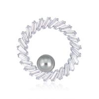 Kubische Zirkonia-Brosche, Messing, mit ABS-Kunststoff-Perlen, rund, silberfarben plattiert, unisex & Micro pave Zirkonia, 35x35mm, verkauft von PC