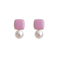 Enamel Zinc Alloy Stud Earring, with Plastic Pearl, stainless steel post pin, plated, for woman 25*19mm 