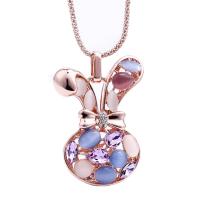 Zinc Alloy Sweater Chain Necklace, with Austrian Crystal & Cats Eye, with 55mm extender chain, Rabbit, rose gold color plated, for woman & with rhinestone Approx 29.7 Inch 