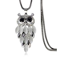 Zinc Alloy Sweater Chain Necklace, with Cats Eye & Crystal, Owl, gun black plated, for woman & with rhinestone Approx 31.4 