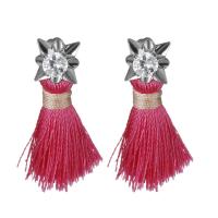 Stainless Steel Tassel Earring, with Cotton Thread, silver color plated, for woman & with rhinestone 28mm 