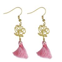 Stainless Steel Tassel Earring, with Cotton Thread, gold color plated, for woman 60.5mm 