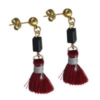 Stainless Steel Tassel Earring, with Cotton Thread & Acrylic, gold color plated, for woman 45.5mm 