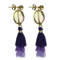 Stainless Steel Tassel Earring, with Cotton Thread & Glass Beads, gold color plated, for woman 62mm 