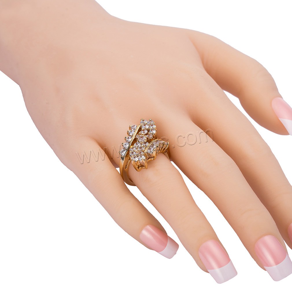 Цирконий Micro Pave Латунь палец кольцо, Листок, плакирован золотом, разный размер для выбора & инкрустированное микро кубического циркония & Женский, 16mm, размер:5.5-9, продается PC