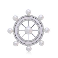 Brass Brooch, with ABS Plastic Pearl, Ship Wheel, plated, micro pave cubic zirconia & for woman 