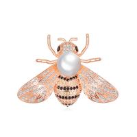Brass Brooch, with ABS Plastic Pearl, Bee, plated, Unisex & micro pave cubic zirconia & enamel 