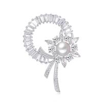 Brass Brooch, with ABS Plastic Pearl, silver color plated, Unisex & micro pave cubic zirconia 