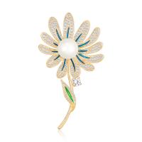 Brass Brooch, with ABS Plastic Pearl, Flower, gold color plated, micro pave cubic zirconia & for woman & enamel 