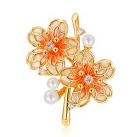 Brass Brooch, with ABS Plastic Pearl, Flower, gold color plated, micro pave cubic zirconia & for woman & enamel 