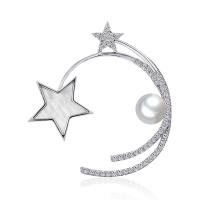 Brass Brooch, with ABS Plastic Pearl, silver color plated, micro pave cubic zirconia & for woman 