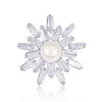 Brass Brooch, with ABS Plastic Pearl, Flower, silver color plated, micro pave cubic zirconia & for woman 
