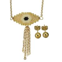 Fashion Stainless Steel Jewelry Sets, Stud Earring & necklace, with Seedbead, Eye, gold color plated, oval chain & for woman 2mm,6mm Approx 19 Inch 
