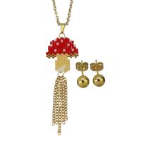 Fashion Stainless Steel Jewelry Sets, Stud Earring & necklace, with Seedbead, mushroom, gold color plated, oval chain & for woman 2mm,6mm Approx 19 Inch 