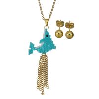 Fashion Stainless Steel Jewelry Sets, Stud Earring & necklace, with Seedbead, Dolphin, gold color plated, oval chain & for woman 2mm,6mm Approx 19 Inch 