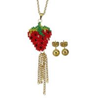 Fashion Stainless Steel Jewelry Sets, Stud Earring & necklace, with Seedbead, Strawberry, gold color plated, oval chain & for woman 2mm,6mm Approx 19 Inch 