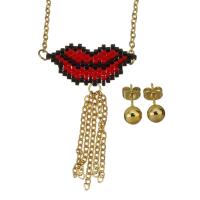 Fashion Stainless Steel Jewelry Sets, Stud Earring & necklace, with Seedbead, Lip, gold color plated, oval chain & for woman 2mm,6mm Approx 19 Inch 