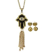 Fashion Stainless Steel Jewelry Sets, Stud Earring & necklace, with Seedbead, Hamsa, gold color plated, oval chain & for woman 2mm,6mm Approx 19 Inch 