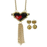 Fashion Stainless Steel Jewelry Sets, Stud Earring & necklace, with Seedbead, Heart, gold color plated, oval chain & for woman 2mm,6mm Approx 19 Inch 