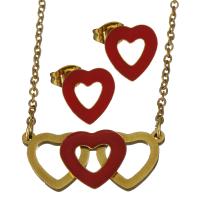 Enamel Stainless Steel Jewelry Sets, Stud Earring & necklace, Heart, gold color plated, oval chain & for woman 1.5mm Approx 19.5 Inch 