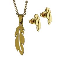 Parures de bijoux en acier inoxydable, Boucle d’oreille stud & collier, forme de plume, Placage de couleur d'or, chaîne ovale & pour femme 1.5mm Environ 17.5 pouce, Vendu par fixé