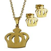 Fashion Stainless Steel Jewelry Sets, Stud Earring & necklace, Crown, gold color plated, oval chain & for woman 1.5mm Approx 18 Inch 