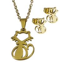 Fashion Stainless Steel Jewelry Sets, Stud Earring & necklace, Cat, gold color plated, oval chain & for woman 1.5mm Approx 17.5 Inch 