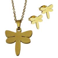 Fashion Stainless Steel Jewelry Sets, Stud Earring & necklace, Dragonfly, gold color plated, oval chain & for woman 1.5mm Approx 18 Inch 