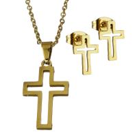 Fashion Stainless Steel Jewelry Sets, Stud Earring & necklace, Cross, gold color plated, oval chain & for woman 1.5mm Approx 17.5 Inch 