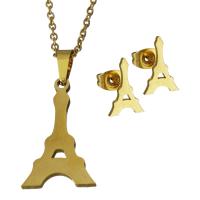 Conjuntos de joyería de acero inoxidable, Pendiente de stud & collar, Torre Eiffel, chapado en color dorado, cadena oval & para mujer, 13.5x22mm,1.5mm,8x12mm, longitud:aproximado 17.5 Inch, Vendido por Set