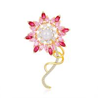Brass Brooch, with ABS Plastic Pearl, Flower, gold color plated, micro pave cubic zirconia & for woman 