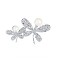 Brass Brooch, with ABS Plastic Pearl, silver color plated, Unisex & micro pave cubic zirconia 
