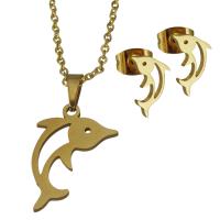 Fashion Stainless Steel Jewelry Sets, Stud Earring & necklace, Dolphin, gold color plated, oval chain & for woman 1.5mm Approx 17.5 Inch 