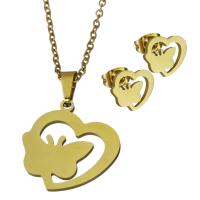 Fashion Stainless Steel Jewelry Sets, Stud Earring & necklace, Heart, gold color plated, oval chain & for woman 1.5mm Approx 17.5 Inch 