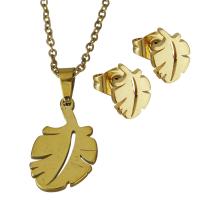 Fashion Stainless Steel Jewelry Sets, Stud Earring & necklace, Leaf, gold color plated, oval chain & for woman 1.5mm Approx 17.5 Inch 