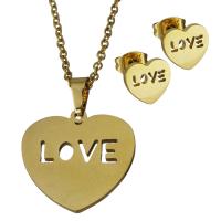 Fashion Stainless Steel Jewelry Sets, Stud Earring & necklace, Heart, gold color plated, oval chain & for woman 1.5mm Approx 17.5 Inch 