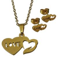 Fashion Stainless Steel Jewelry Sets, Stud Earring & necklace, Heart, gold color plated, oval chain & for woman 1.5mm Approx 17.5 Inch 