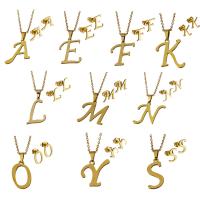 Parures de bijoux en acier inoxydable, Boucle d’oreille stud & collier, Lettre d’alphabet, Placage de couleur d'or, chaîne ovale & styles différents pour le choix & pour femme Environ 17.5 pouce, Vendu par fixé